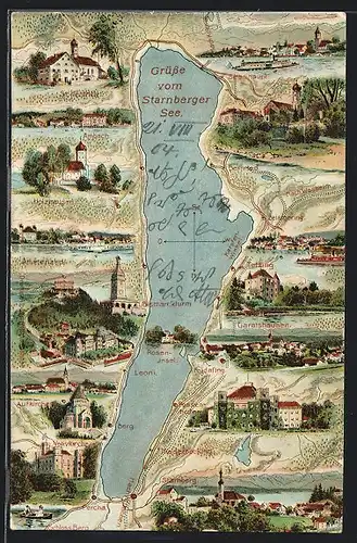 Künstler-AK Tutzing, Starnberger See mit Ansichten der umliegenden Orte