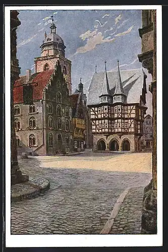 Künstler-AK Alsfeld in Hessen, Blick auf den Marktplatz und das Rathaus