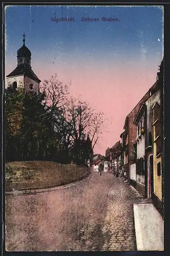 AK Ingolstadt, Strasse Unterer Graben mit Kirche