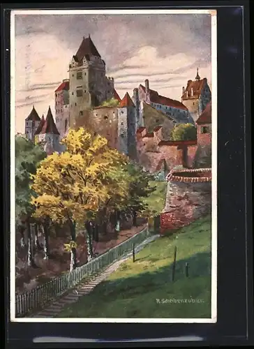 Künstler-AK Landshut, Darstellung der Burg Trausnitz