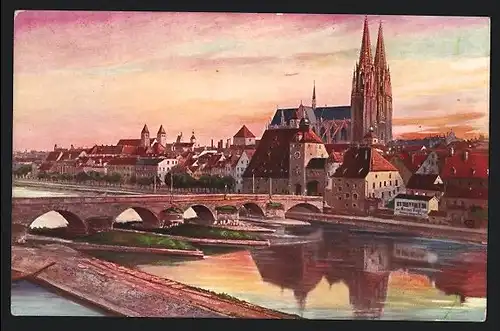 Künstler-AK Regensburg, Steinerne Brücke mit Dom in Abendstimmung