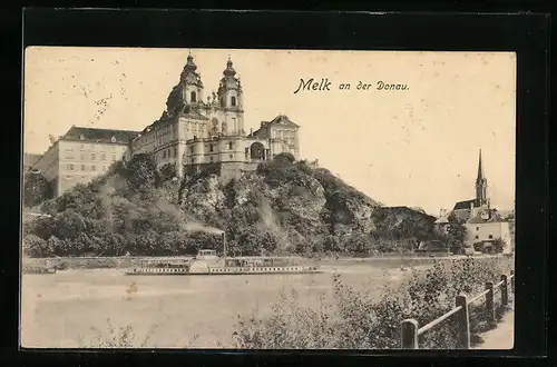 AK Melk an der Donau, Blick zum Stift, Dampferpartie