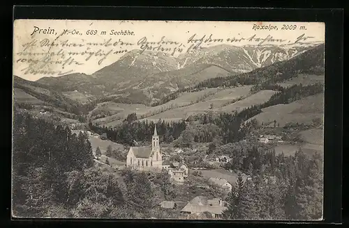 AK Prein, Totalansicht mit Kirche und Raxalpe