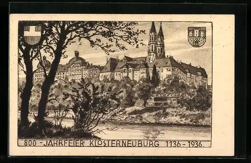 Künstler-AK Klosterneuburg, Ortsansicht, 800-Jahrfeier 1936, Wappen