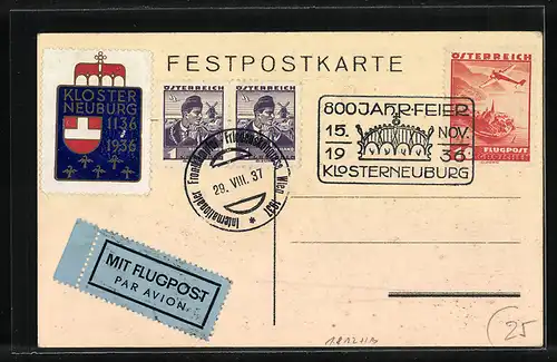 Künstler-AK Klosterneuburg, Ortsansicht, 800-Jahrfeier 1936, Wappen