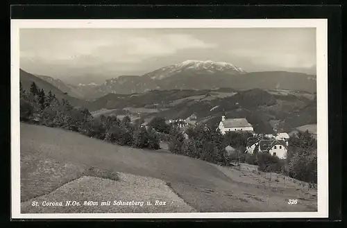 AK St. Corona, Gesamtansicht mit Schneeberg und Rax