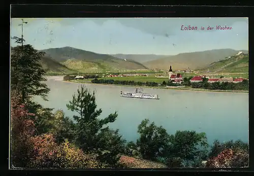 AK Loiben in der Wachau, Ortsansicht mit Dampferpartie