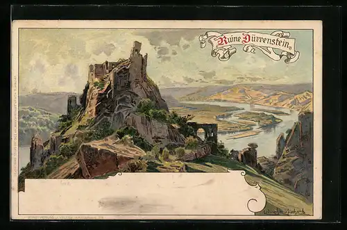 Lithographie Dürnstein, Ruine Dürrenstein
