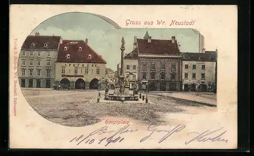 AK Wiener-Neustadt, Hauptplatz mit Apotheke und Denkmal