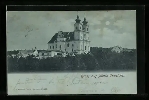 Mondschein-AK Maria-Dreieichen, Ortspartie mit Kirche