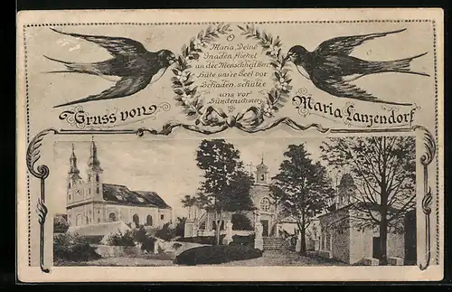 AK Maria Lanzendorf, Ortspartie mit Kirche, Schwalben