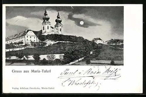 Mondschein-AK Maria-Taferl, Wallfahrtskirche mit Umgebung