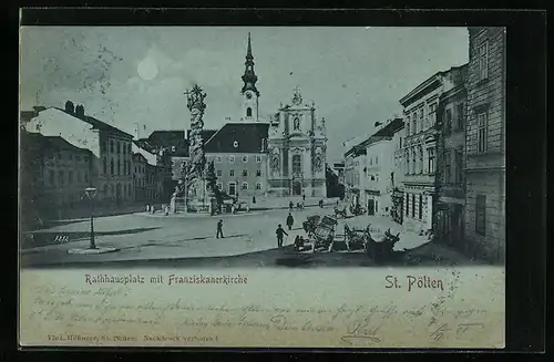 Mondschein-AK St. Pölten, Rathausplatz mit Franziskanerkirche