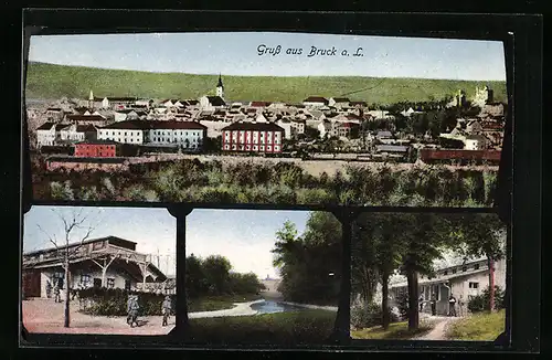 AK Bruck a. L., Gebäude mit Soldaten, Flusspartie, Ortsansicht aus der Vogelschau