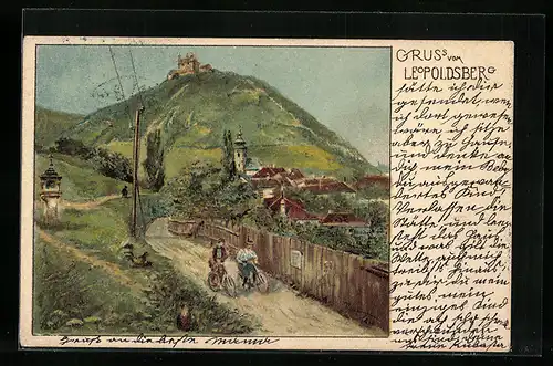 Lithographie Wien, Leopoldsberg und zwei Radfahrer