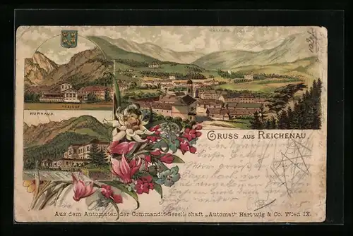 Lithographie Reichenau, Kurhaus, Thalhof, Ortsansicht mit Raxalpenpanorama, Wappen