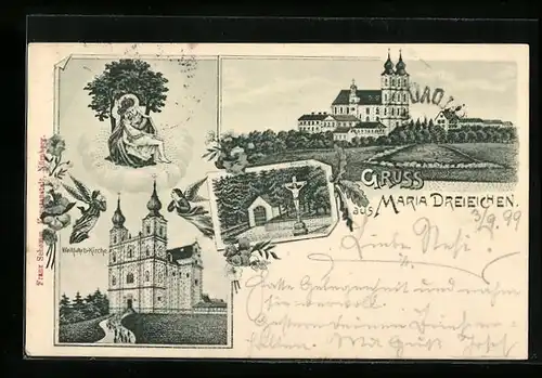 Lithographie Maria Dreieichen, Wallfahrtskirche, Bründl