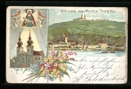 Lithographie Maria-Taferl, Wallfahrtskirche mit schwebender Jungfrau, Ortsansicht