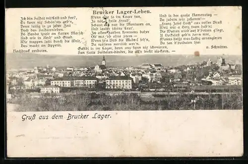 AK Bruck /Leitha, Gedicht Brucker Lager-Leben, Ortspanorama