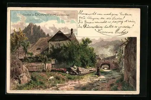 Lithographie Dürnstein /Donau, Gasse mit Tordurchgang
