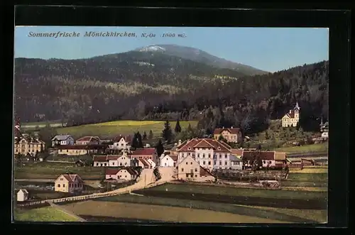 AK Mönichkirchen, Ortsansicht mit Bergblick aus der Vogelschau