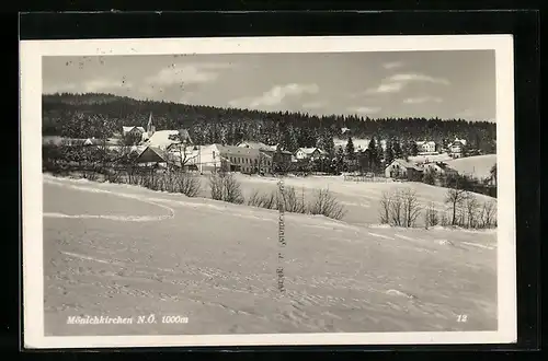 AK Mönichkirchen, Blick über die verschneite Ortschaft