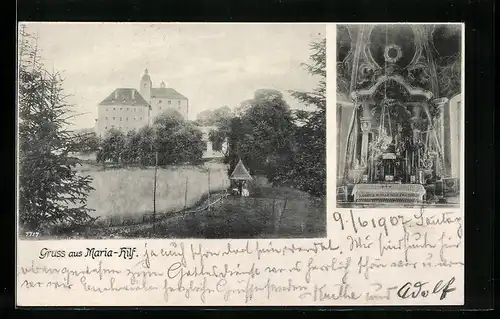 AK Maria-Hilf, Anblick der Wallfahrtskirche, Innen- und Aussenansicht