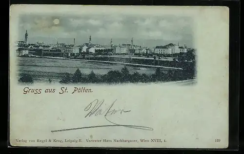 Mondschein-AK St. Pölten, Blick auf den Ort im Vollmondlicht