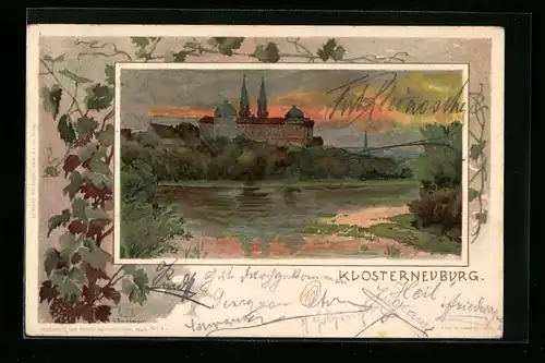 Künstler-AK Klosterneuburg, Uferpartie mit Kirche
