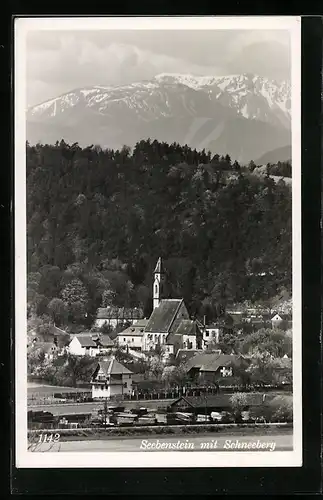 AK Seebenstein, Ortsansicht mit Kirche und Schneeberg