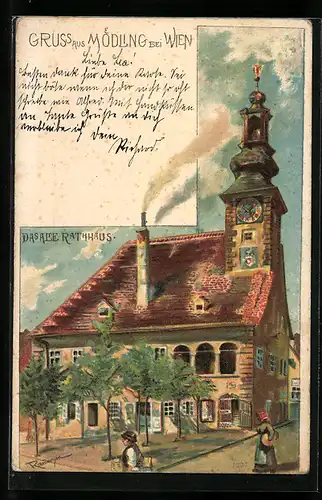 Lithographie Mödling, das alte Rathaus