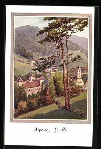 Künstler-AK Aspang, Totalansicht aus der Vogelschau