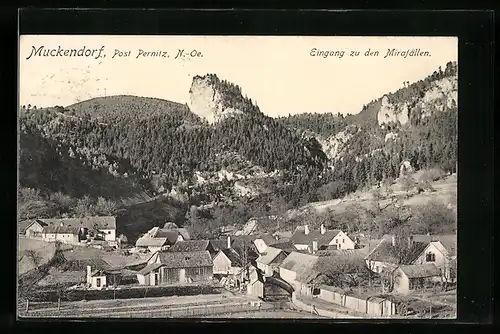 AK Muckendorf, Ortsansicht mit dem Eingang zu den Mirafällen