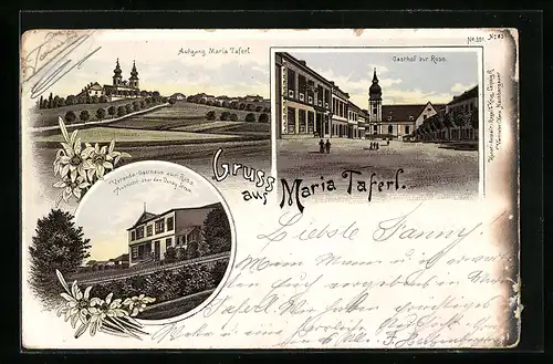 Vorläufer-Lithographie Maria Taferl, 1895, Gasthof zur Rose, Veranda mit Aussicht über Donau-Strom, Aufgang Maria Taferl