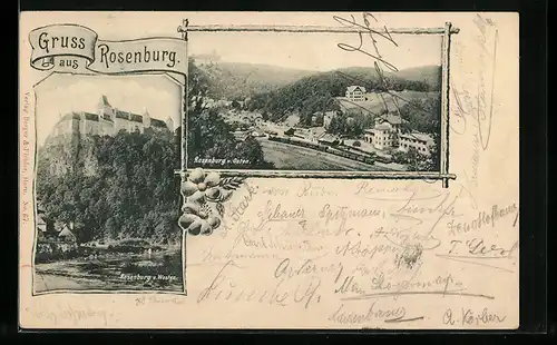 AK Rosenburg, Rosenburg von Westen, Ortspartie mit Eisenbahn von Osten