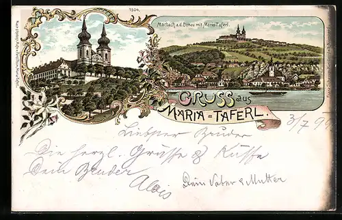 Lithographie Maria-Taferl, Ortsansicht mit Marbach a. d. Donau, Schloss