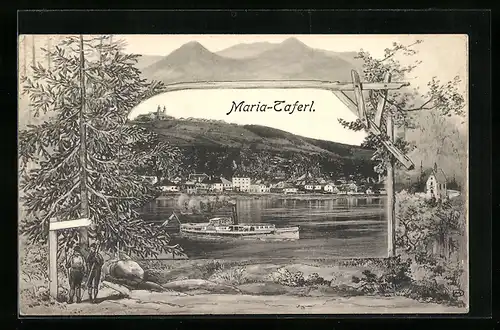 Künstler-AK Maria-Taferl, Ortspartie mit Dampfer