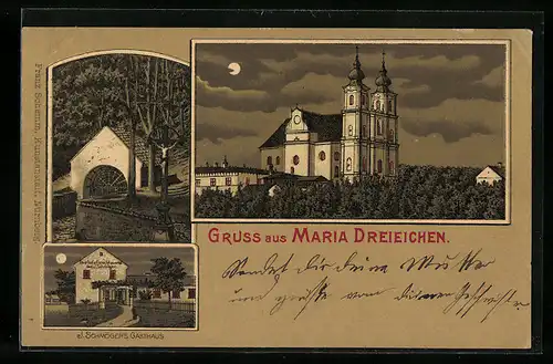 Mondschein-Lithographie Maria-Dreieichen, J. Schmöger`s Gasthaus, Kirche, Flurkreuz