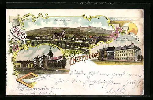 Lithographie Maria Enzersdorf, Neues Schloss Uechtenstein, Kirche mit Kloster, Totalansicht vom Bahnhof gesehen