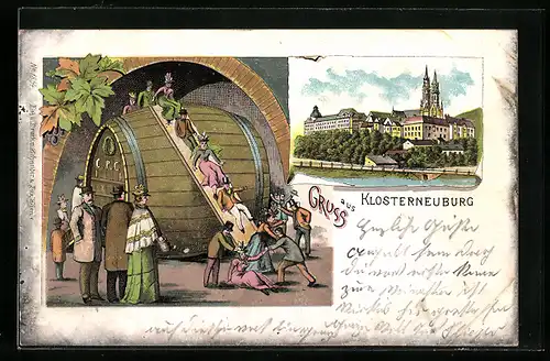 Lithographie Klosterneuburg, Teilansicht und Fassrutschen