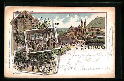 Lithographie Klosterneuburg, Stiftskeller, Veranda mit Saal, Ortsansicht