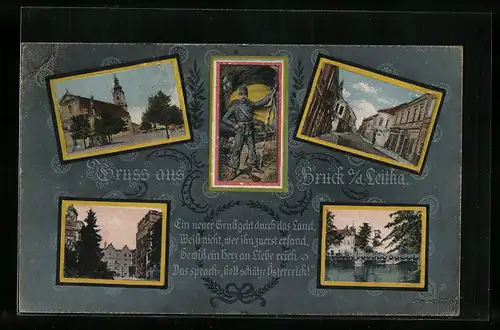 AK Bruck a. d. Leitha, Strassenpartie, Kirche, Brücke über den Fluss