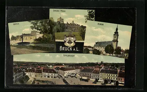 AK Bruck a. Leitha, Grenze, Schloss Prugg, Kirche, Totalansicht