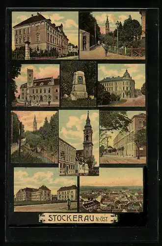 AK Stockerau, Kirche, Denkmal, Schule, Ortspartie, Strassenpartie