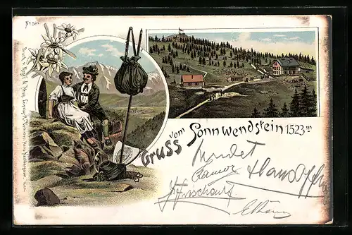 Lithographie Schottwien, Gastwirtschaft am Sonnwendstein, Wanderer