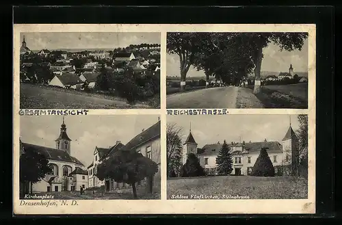 AK Drasenhofen, Kirchenplatz, Schloss Fünfkirchen, Totalansicht vom Hügel aus