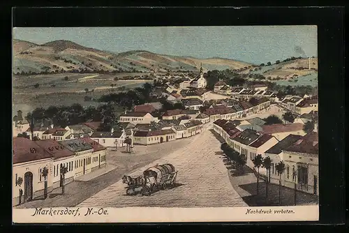 AK Markersdorf, Ortsansicht mit Pferdewagen und Bergblick
