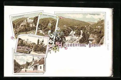 Lithographie Helenenthal-Baden, Golera Kapelle, Etablissement Saoher, Helenenkirche, Strassenbahn