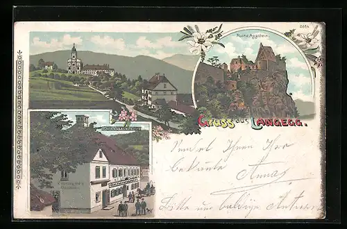 Lithographie Langegg, Kalteneggers Gasthaus, Ruine Aggstein, Ortspartie mit Kirche