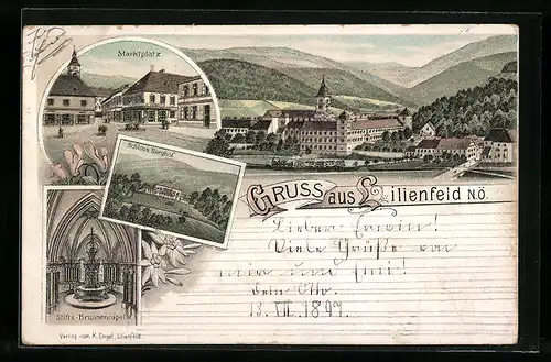 Lithographie Lilienfeld, Schloss Berghof, Stifts-Brunnenkapelle, Ortsansicht mit Stift und Teich